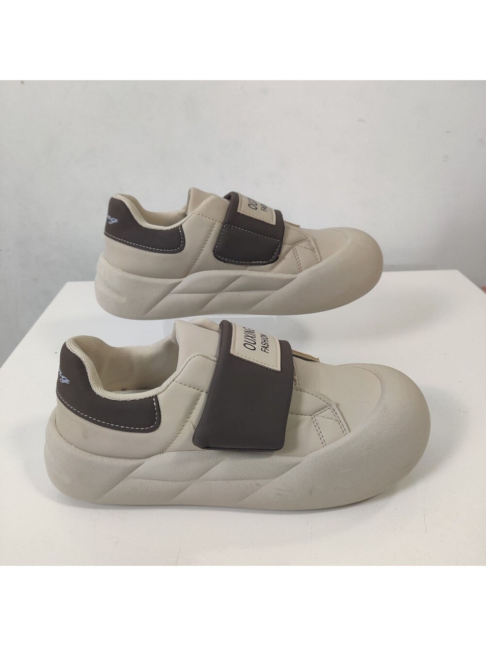 Ouxing Fashion Beige Brown Chunky Platform Strap Slip On Sneakers Shoes EU 39